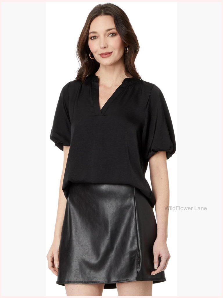 Quarter Puff Sleeve Blouse V-Neck Pull-On Top Machine Wash Polyester